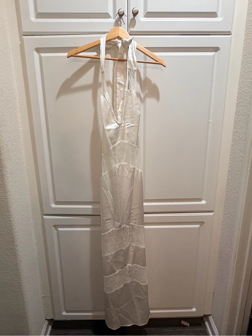 Innovate Denim Bernal Satin Lace Cutout Floral Maxi Dress In White